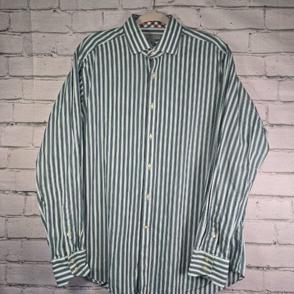 JACK STONE BY THOMAS DEAN MEN'S LONG SLEEVE STRIPED BUTTON DOWN PLAID CUFF LARGE - Picture 1 of 6